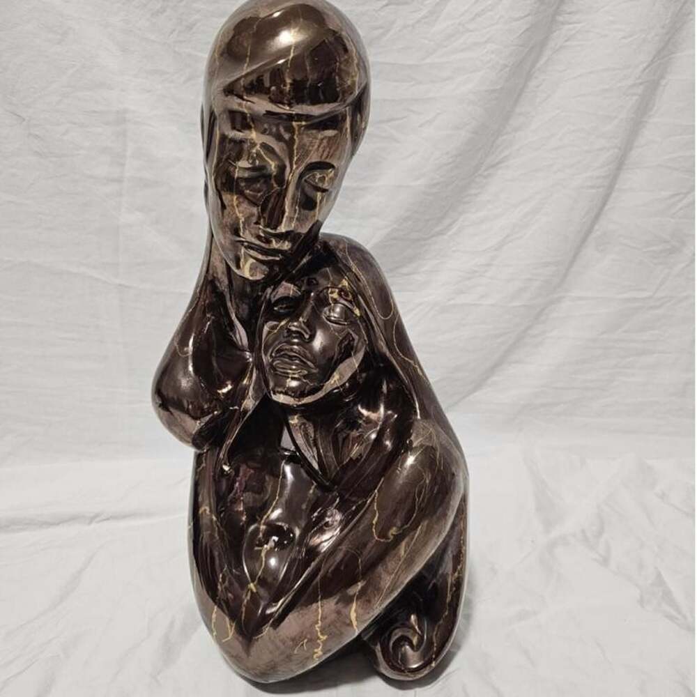 Mid-Century Modern Abstract Ceramic Sculpture Mother and Child Bronze Glaze